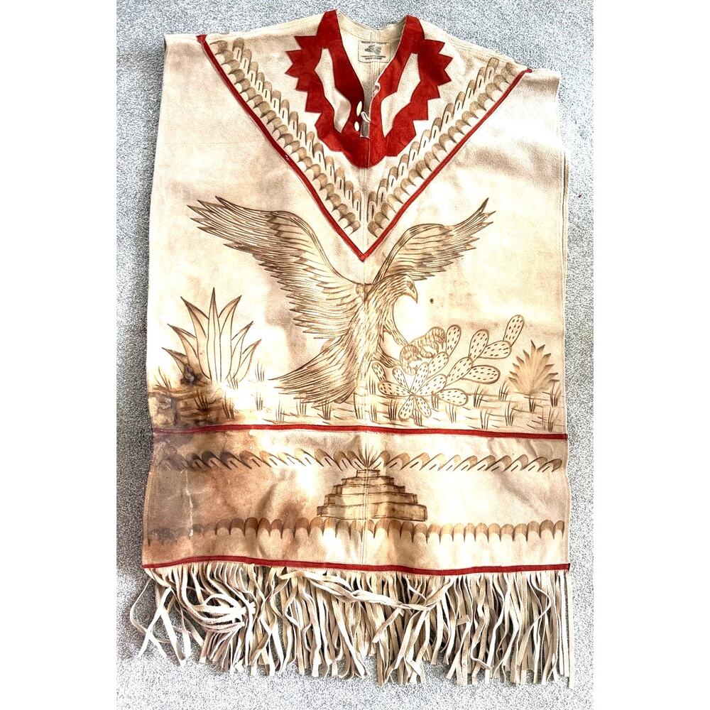 Gomez Poncho Suede Leather Handmade Folk Art Vtg. Eagle Cactus Fringe One Size